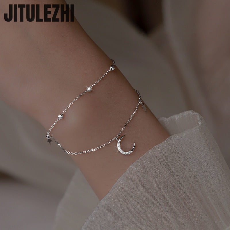 925 Sterling Silver Star & Moon Bracelet Double-Layer Women’s Jewelry