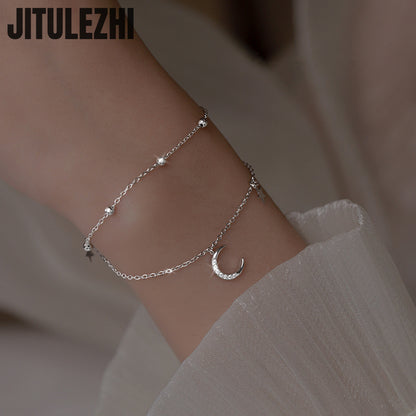 925 Sterling Silver Star & Moon Bracelet Double-Layer Women’s Jewelry