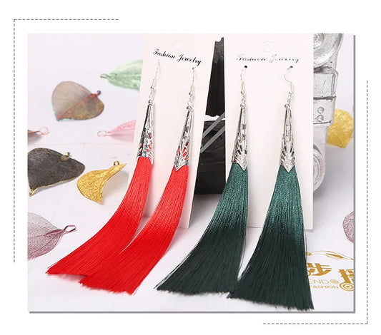 Fashion Bohemian Tassel Alloy Long Earrings White Red Silk Fabric Pendant Ladies Pendant Tassel Earrings Jewelry