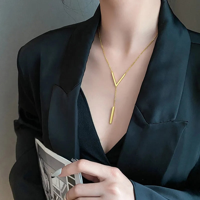 Stainless Steel V Shape Stick Pendant Necklace for Women Ladies Dainty Long Chain Necklace Party Jewelry