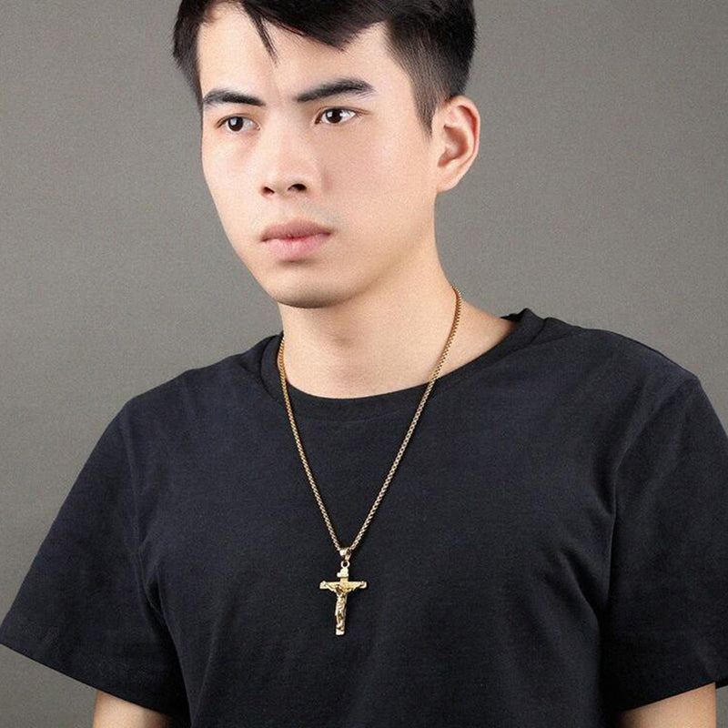 Jesus Cross Necklace Stainless Steel Gold & Silver Pendant for Men