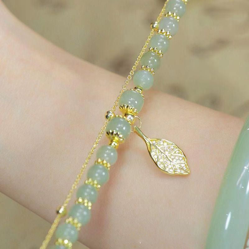 Green Jade Double Chain Bracelet Gold Leaf Women’s Jewelry