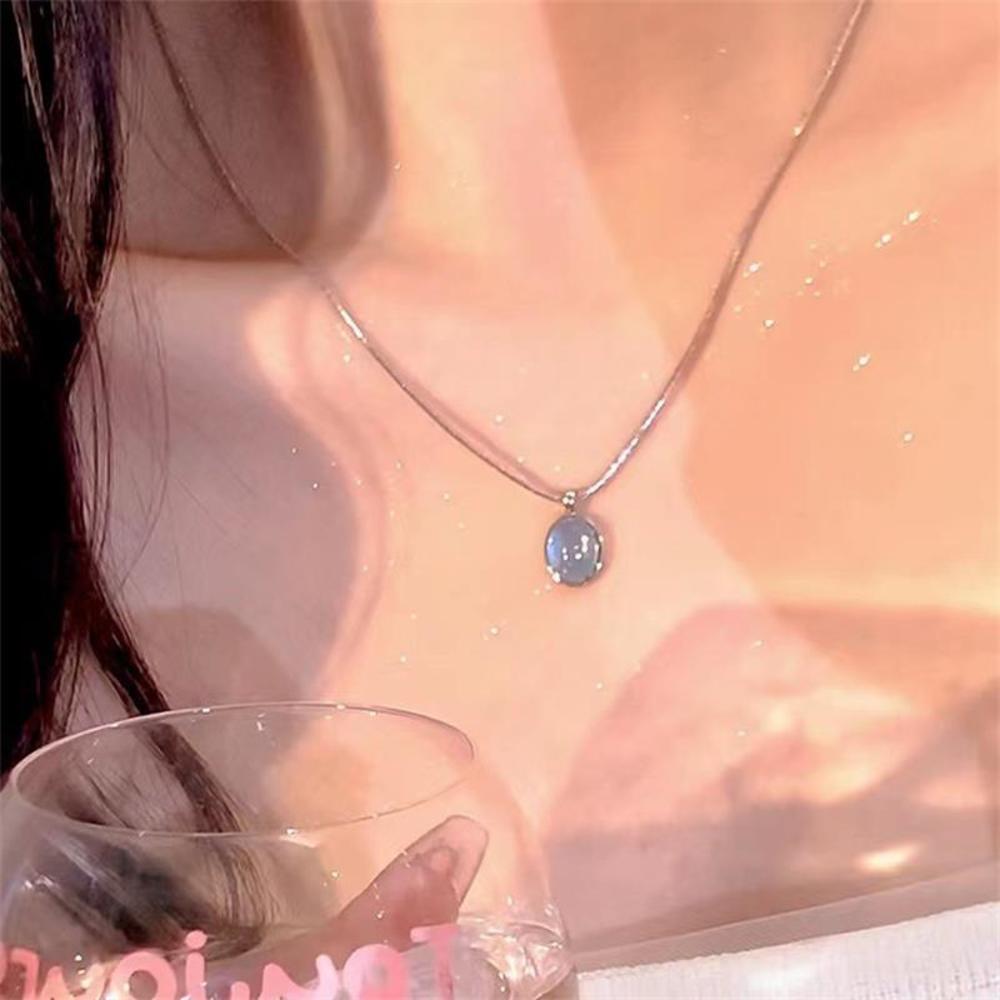 Silver Oval Aquamarine Pendant Necklace Luxury Snake Chain Jewelry for Women