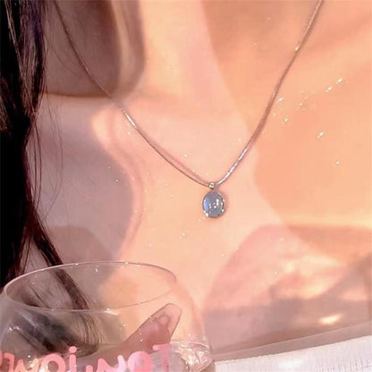 Silver Oval Aquamarine Pendant Necklace Luxury Snake Chain Jewelry for Women