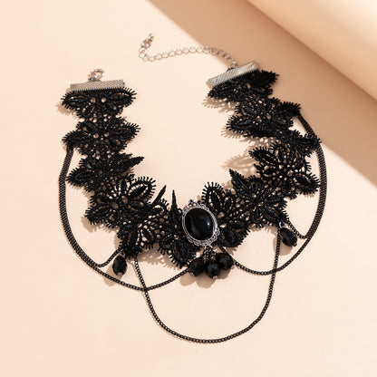 Lacteo Gothic Black Lace Choker with Crystal Beads Y2K Necklace