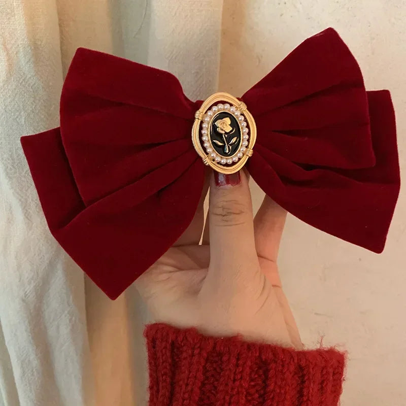 New Black Velvet Bow Hair Pins Elegant Fabric Alloy Roses Hair Clips for Women Fashion Ponytail Barrette Headwear Accessories