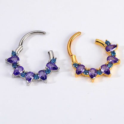 Gold Nose Ring Purple Cubic Zirconia Surgical Steel Septum Jewelry