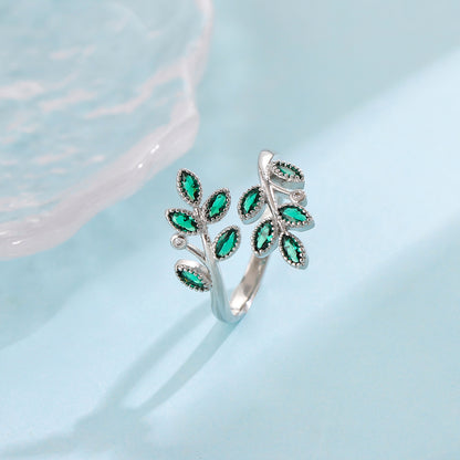 Green Crystal Leaf Ring 925 Sterling Silver Adjustable Women’s Jewelry