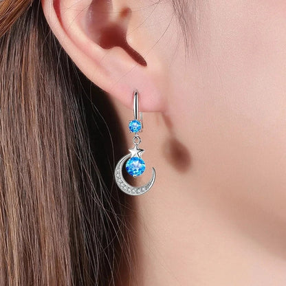Women’s Star Moon Dangle Earrings Pink, Blue & White Artificial Stones