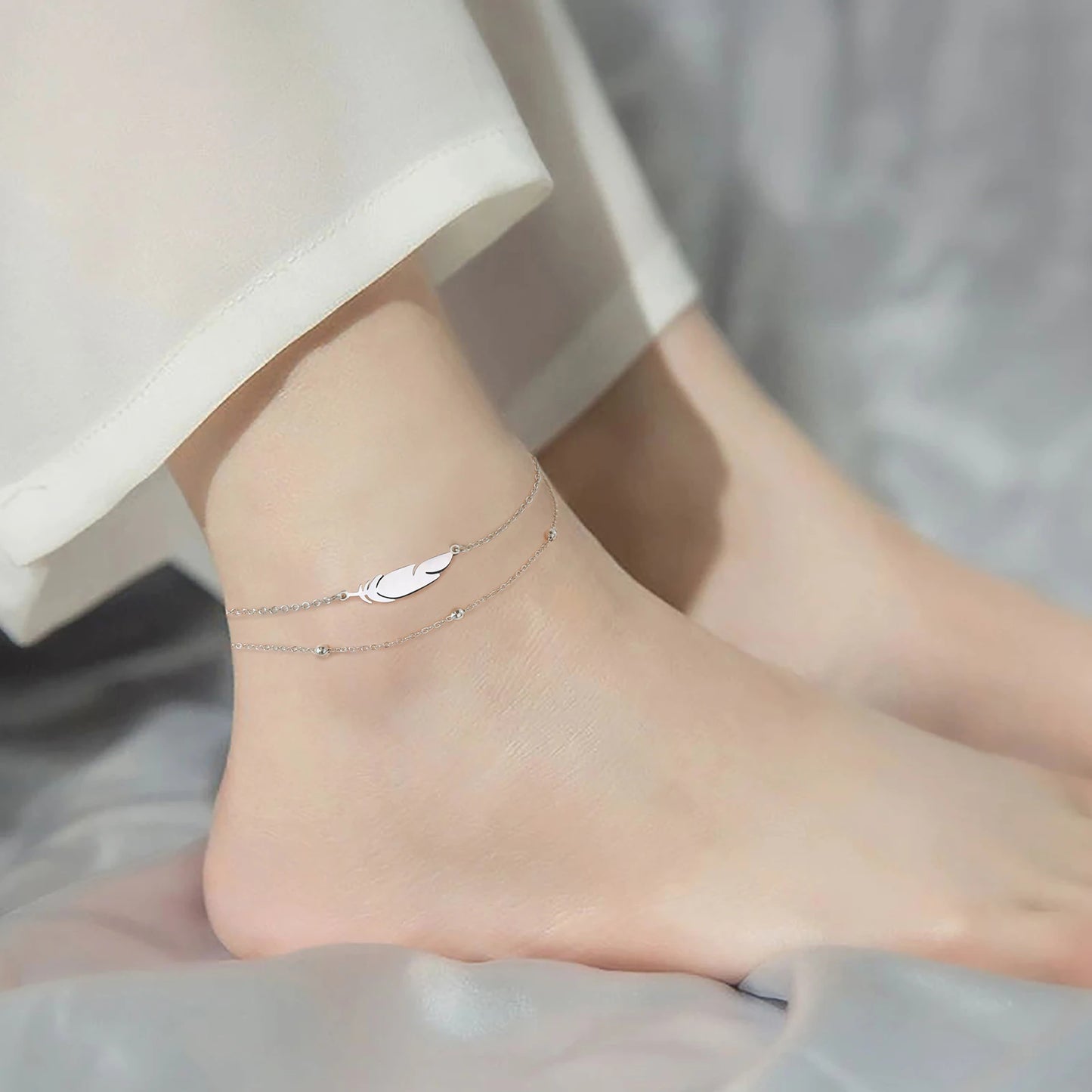 Feather Bead Double Layer Anklet Stainless Steel Gold & Silver Jewelry