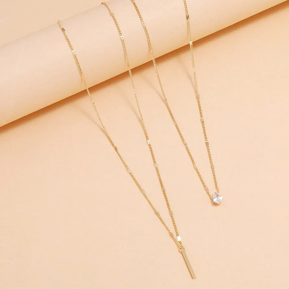Fashion Multi-layer Necklace For Women Simple Crystal Water Drop Pendant Gold Silver Color Chain Choker Trend Jewelry