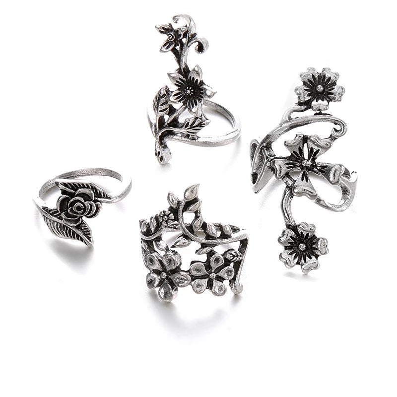 4-Piece Silver Mori Vine & Flower Rings Trendy Women’s Jewelry