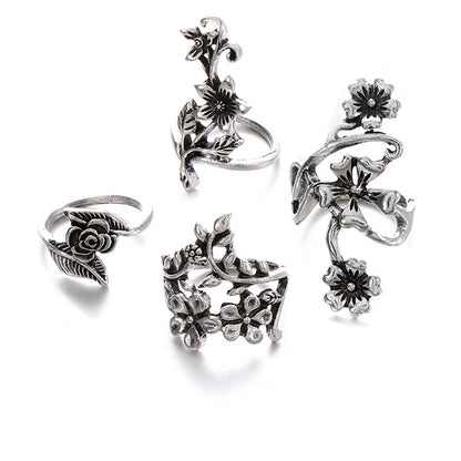 4-Piece Silver Mori Vine & Flower Rings Trendy Women’s Jewelry
