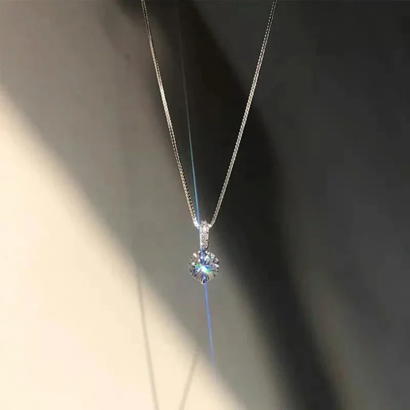 925 Silver Round Zircon Necklace Minimalist Charm Pendant for Women