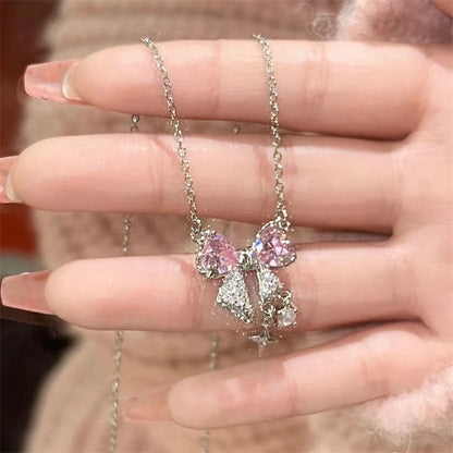 Korea New Design Bowknot Pink Zircon Cross Pendant Necklaces Fashion Temperament Clavicle Chain for Women Trendy Party Jewelry