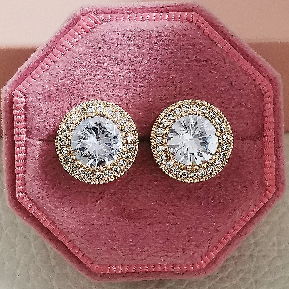 Moonso Female Austrian Round Earring Gold Color White Zirconia Hip Hop Wedding Stud Earrings For Women Jewelry E7565