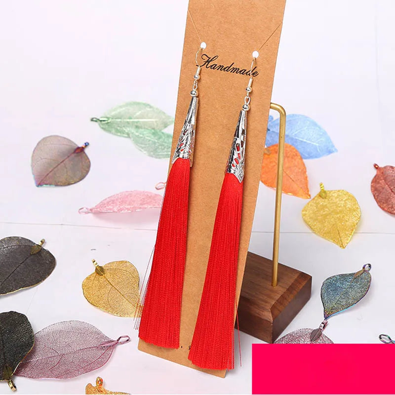 Bohemian Tassel Long Earrings White Red Silk for Women
