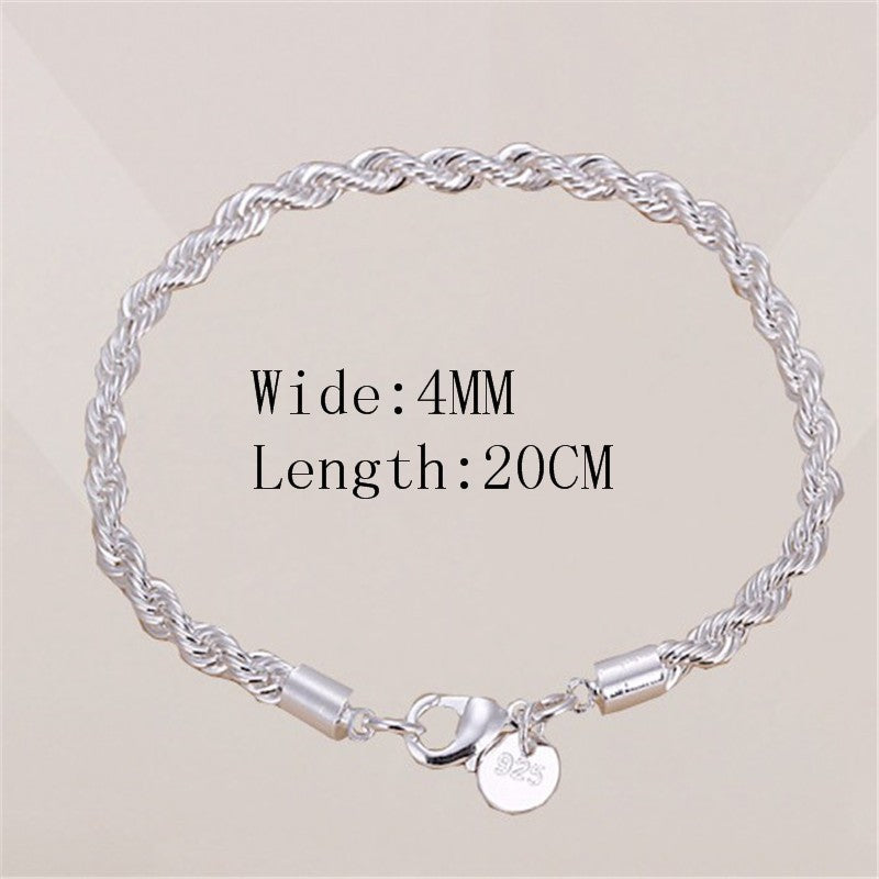 925 Silver 4mm Twisted Rope Bracelet for Men and Women