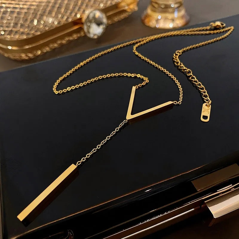 Stainless Steel V Shape Stick Pendant Necklace for Women Ladies Dainty Long Chain Necklace Party Jewelry