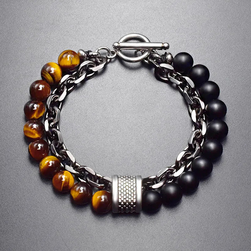 Men’s Tiger Eye Beaded Bracelet Gunmetal Stainless Steel Chain