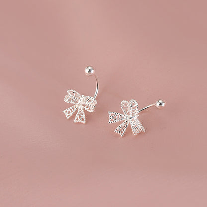 Real 925 Sterling Silver Lace Heart Hollow Bow Screw Buckle Puncture Stud Earrings for Women Fine Jewelry Minimalist Accessories