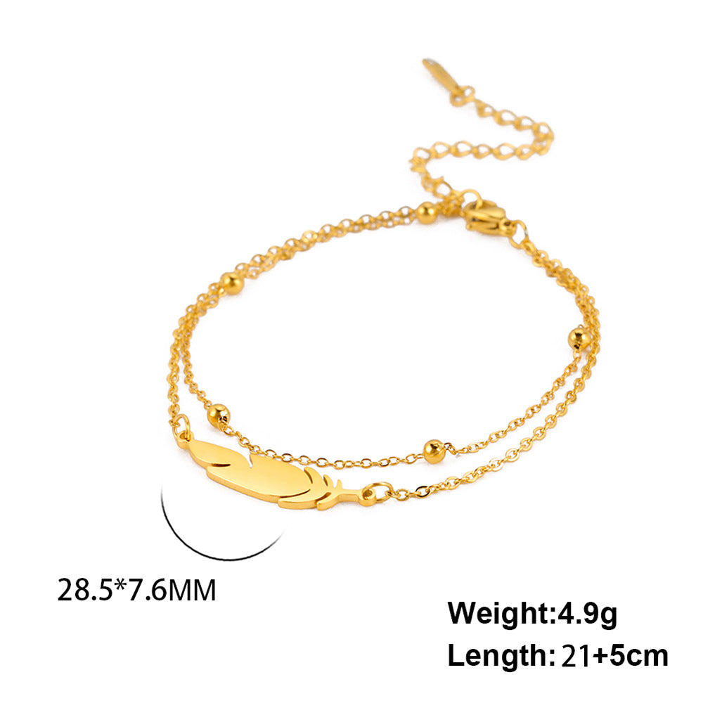 Feather Bead Double Layer Anklet Stainless Steel Gold & Silver Jewelry