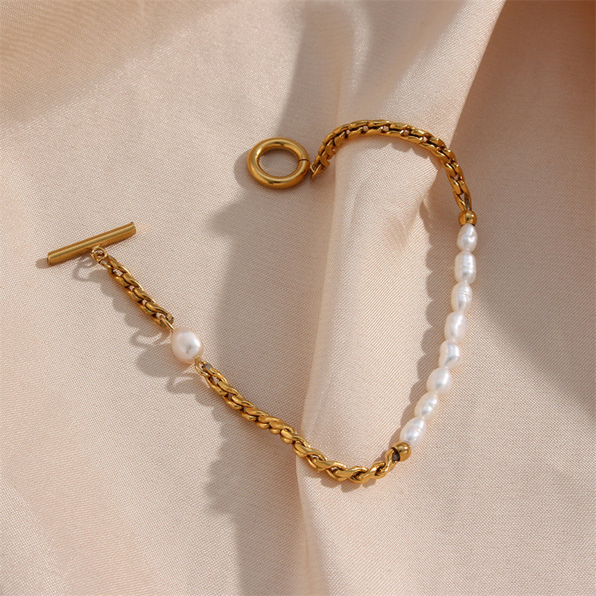 316L Stainless Steel Simplicity Vintage Irregular Shaped Pearl OT Buckle Chain Bracelet For Women Fashion Fine Jewelry Gift B628