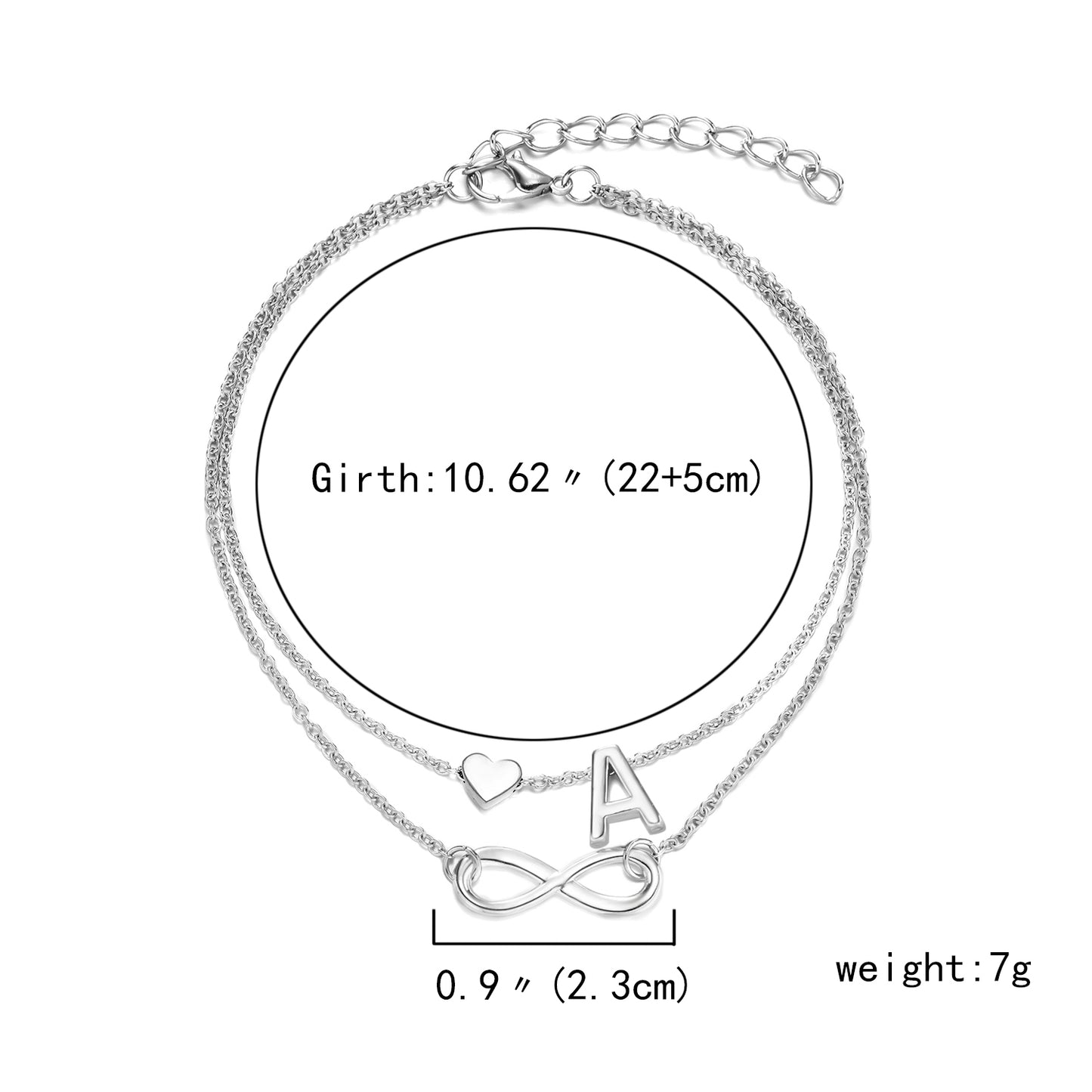 Bohemia A-S Letter Silver Anklet Heart Beach Foot Jewelry for Women