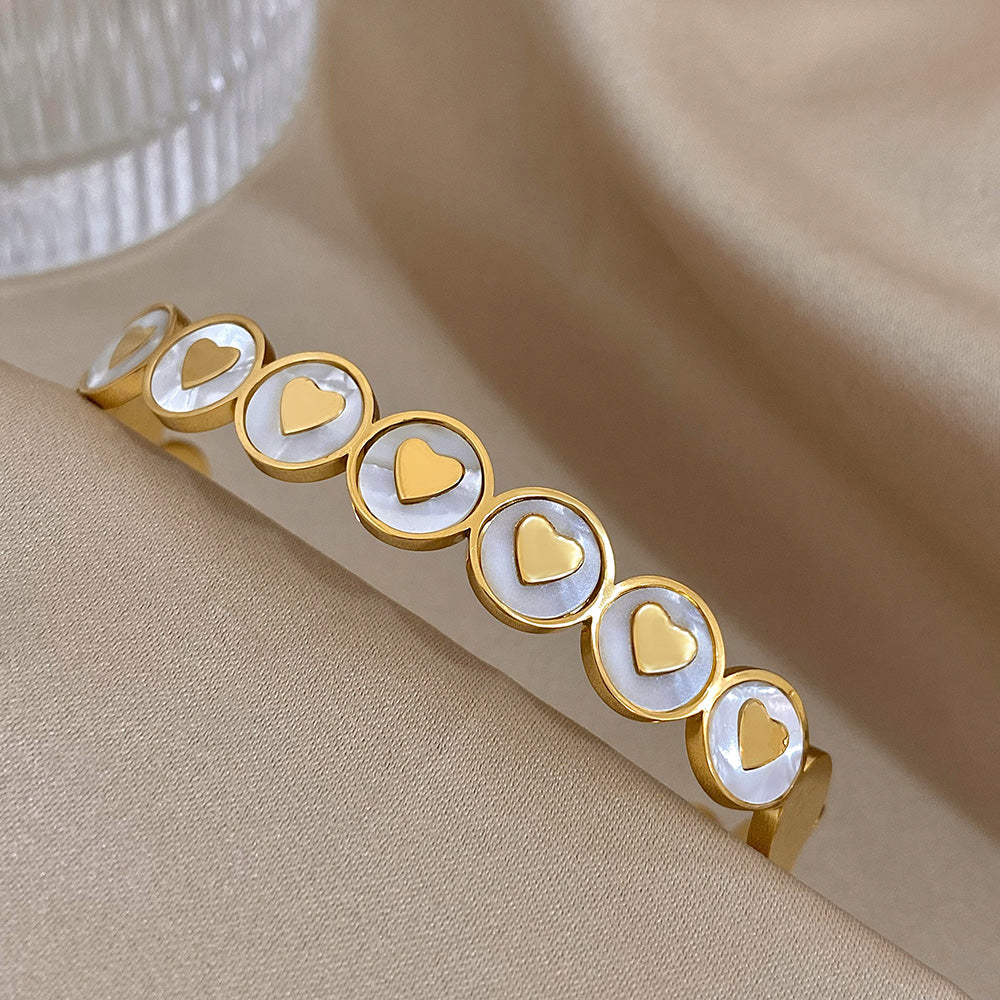 ALLYES White Shell Heart Cuff Bracelet Gold Stainless Steel Jewelry for Women