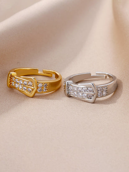 Zircon Belt Open Ring Gold Stainless Steel Unisex Wedding Jewelry