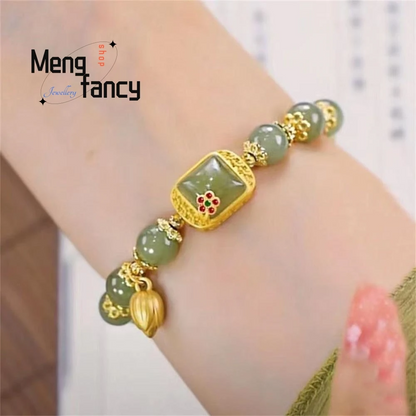 Natural Hetian Jade Square Lotus Bracelet Elegant Retro Chinese Jewelry
