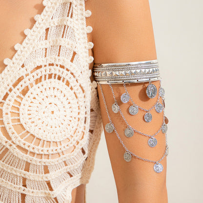 Golden Coin & Leaf Tassel Arm Cuff Unisex Upper Arm Bracelet