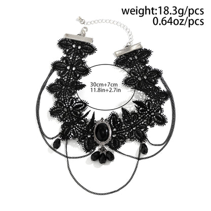 Lacteo Gothic Black Lace Choker with Crystal Beads Y2K Necklace
