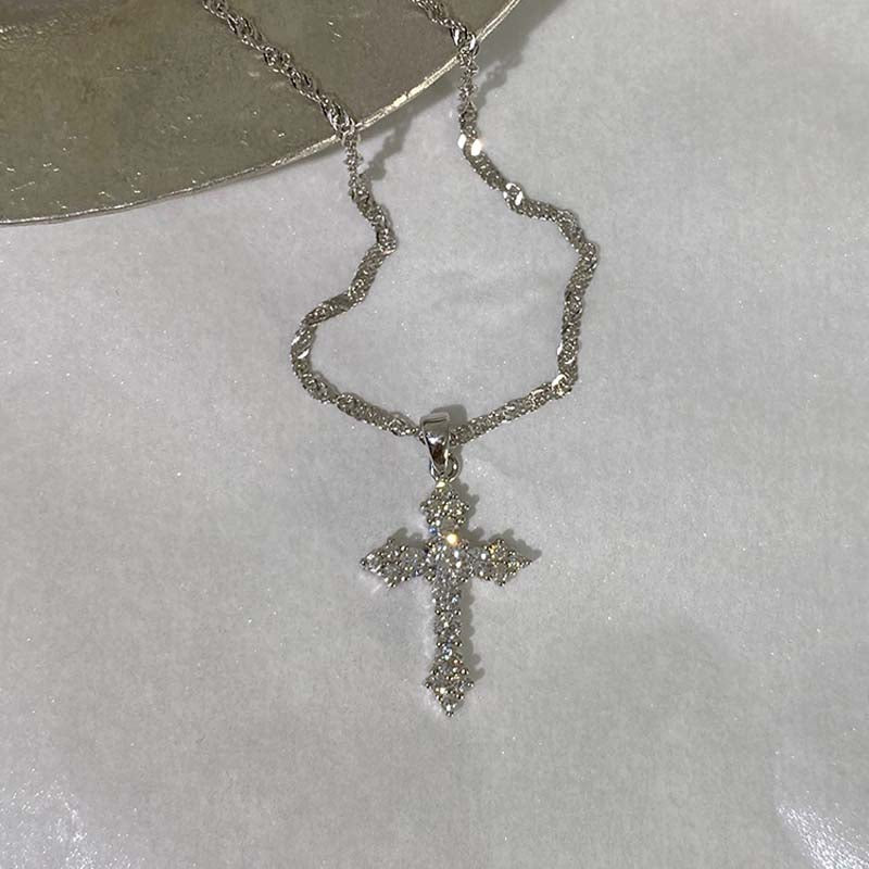 Women’s Punk Cross Necklace Shiny Zircon Thin Chain Jewelry