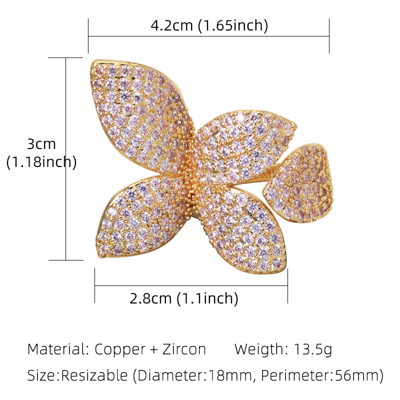 Luxury Cubic Zirconia Butterfly Flower Ring Adjustable Women’s Jewelry