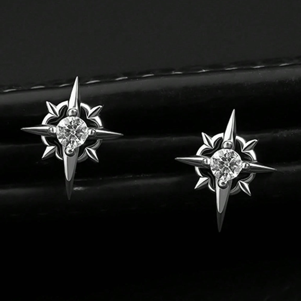 Black CZ Star Stud Earrings Hip Hop Silver Unisex Jewelry