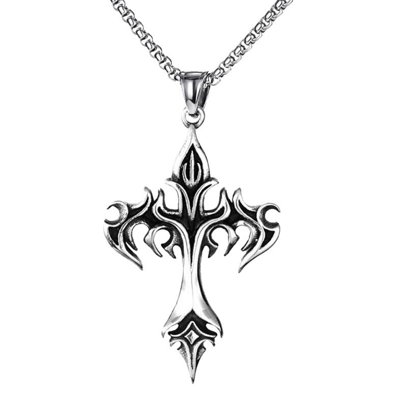Flame Retro Cross Stainless Steel Pendant Necklace for Men and Women