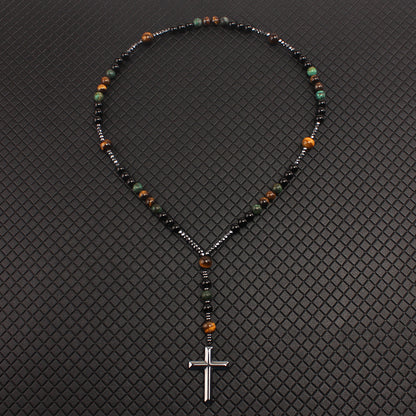 Natural Stone Africa Turquoise and Tiger-eye Beads Cross Pendant Necklace Rosary for Men and Women