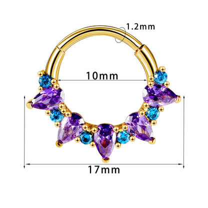 Gold Nose Ring Purple Cubic Zirconia Surgical Steel Septum Jewelry