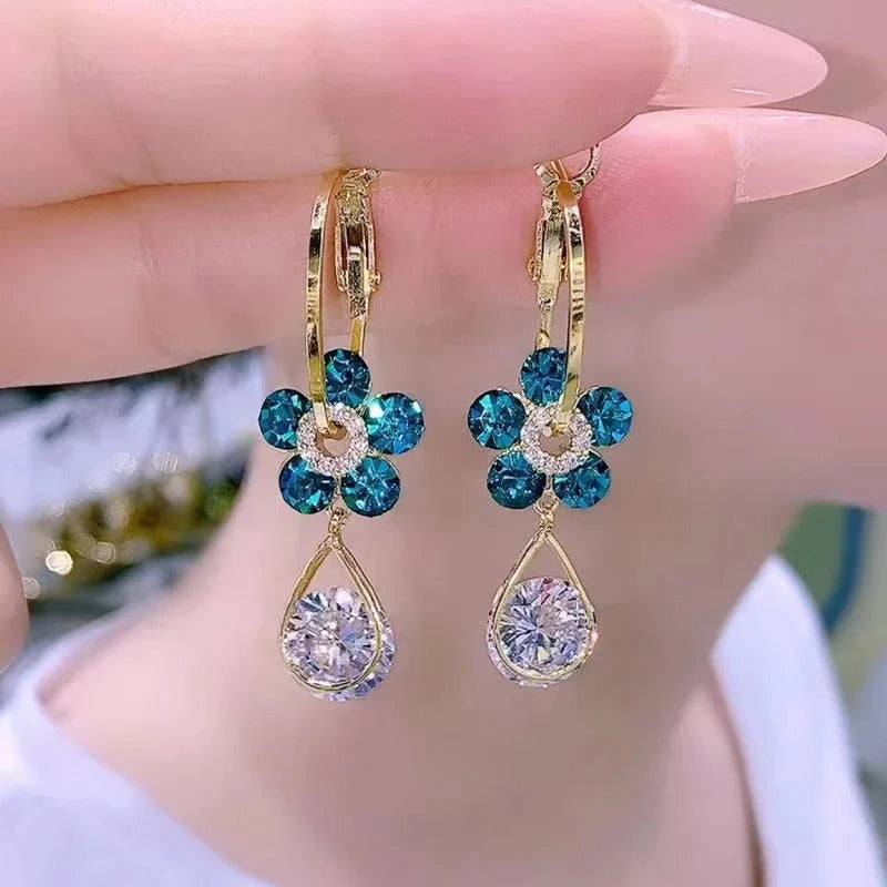 S925 Silver Purple Blue Crystal Flower Drop Earrings Women
