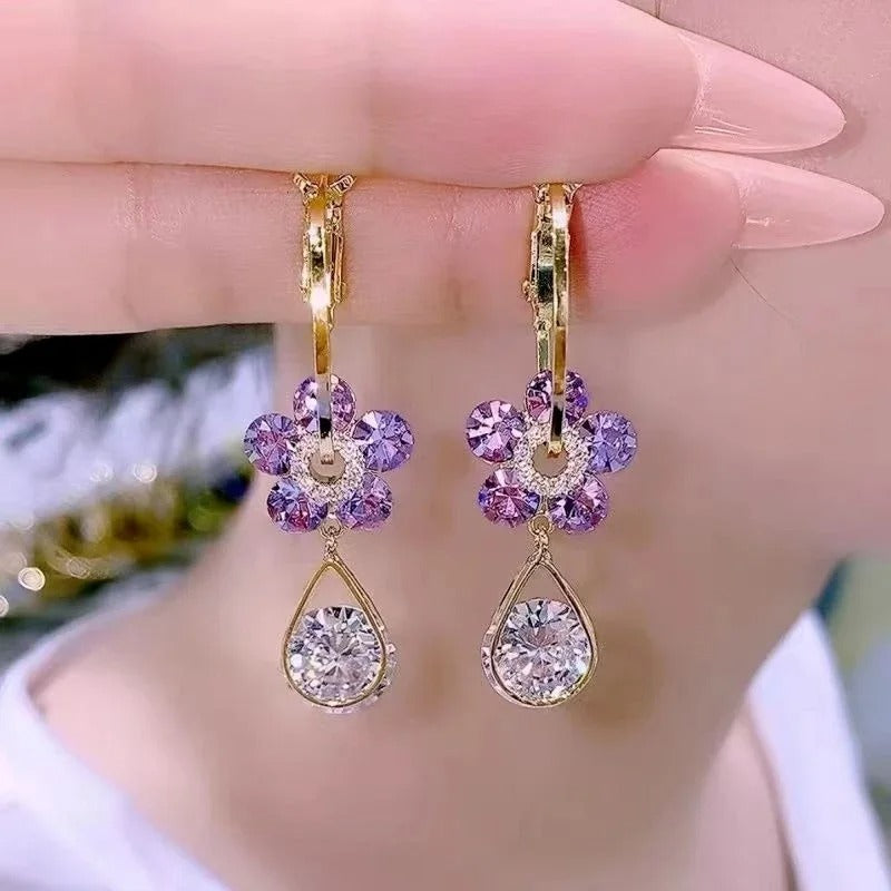 S925 Silver Purple Blue Crystal Flower Drop Earrings Women
