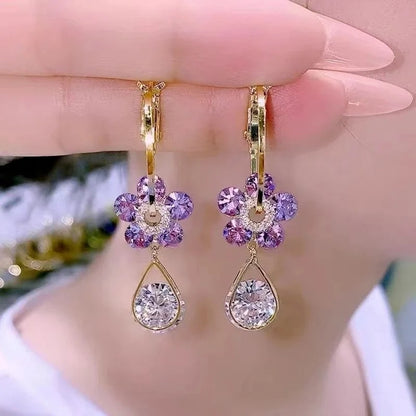 S925 Silver Purple Blue Crystal Flower Drop Earrings Women