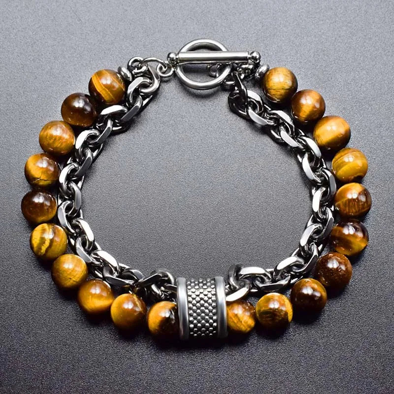 Men’s Tiger Eye Beaded Bracelet Gunmetal Stainless Steel Chain