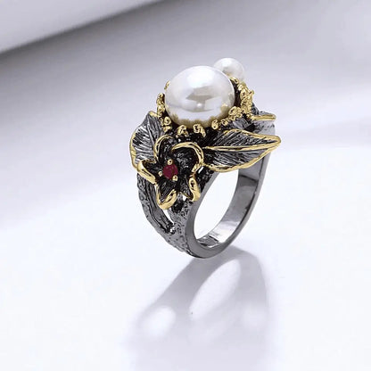 Retro Gothic Sterling Silver Freshwater Pearl Geometric Ring