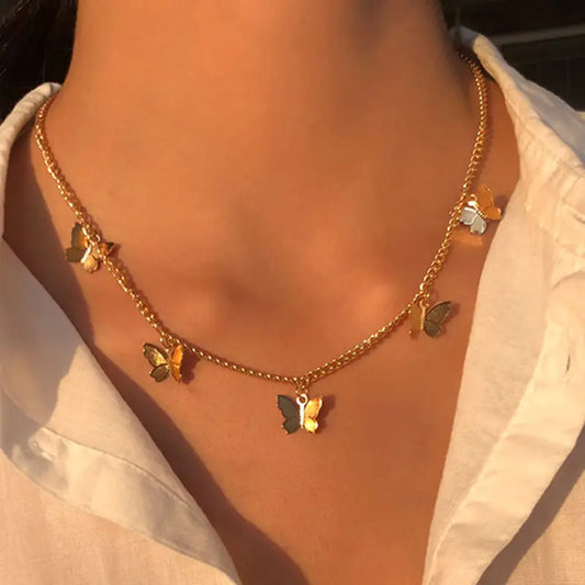 Punk Butterfly Pendant Statement Choker Necklace Female Gold Color Stainless Steel Neck Chain For Women Fashion Jewelry Gift
