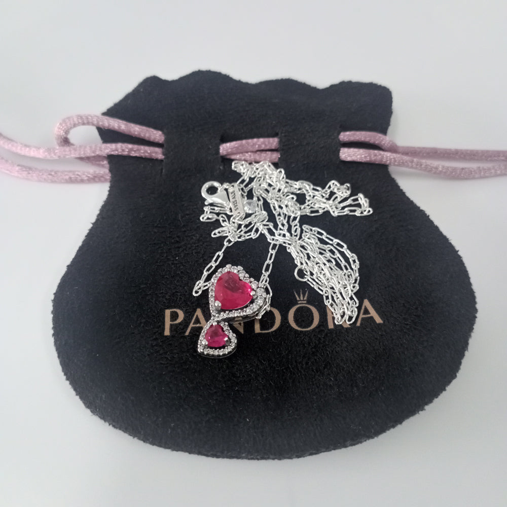 Authentic Pandora Red Halo Hearts Pendant Necklace – Sterling Silver, 60cm