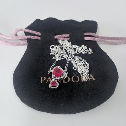 Authentic Pandora Red Halo Hearts Pendant Necklace – Sterling Silver, 60cm