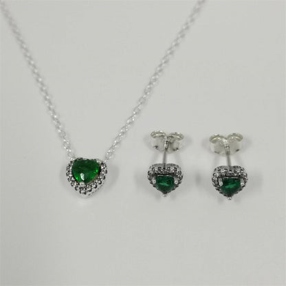 Pandora Green Sparkling Heart Halo Stud Earrings & Pendant Necklace Set – 45cm