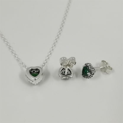Pandora Green Sparkling Heart Halo Stud Earrings & Pendant Necklace Set – 45cm