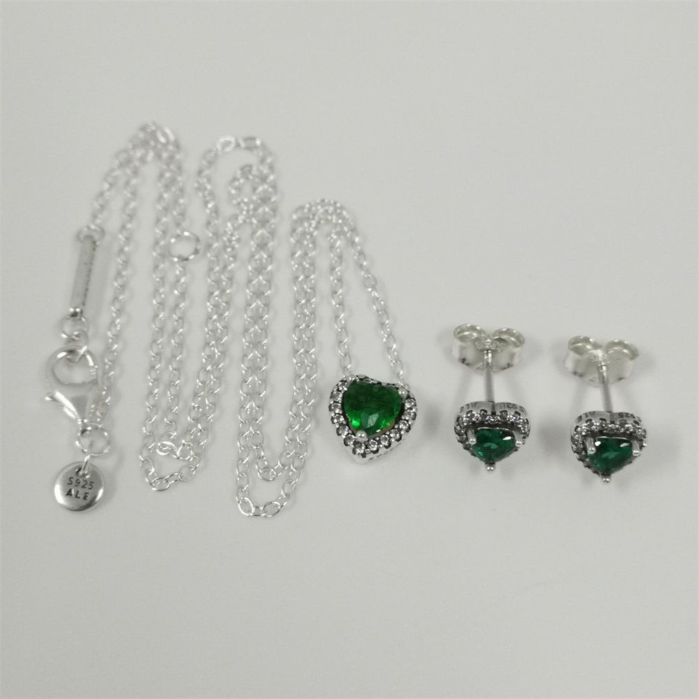 Pandora Green Sparkling Heart Halo Stud Earrings & Pendant Necklace Set – 45cm